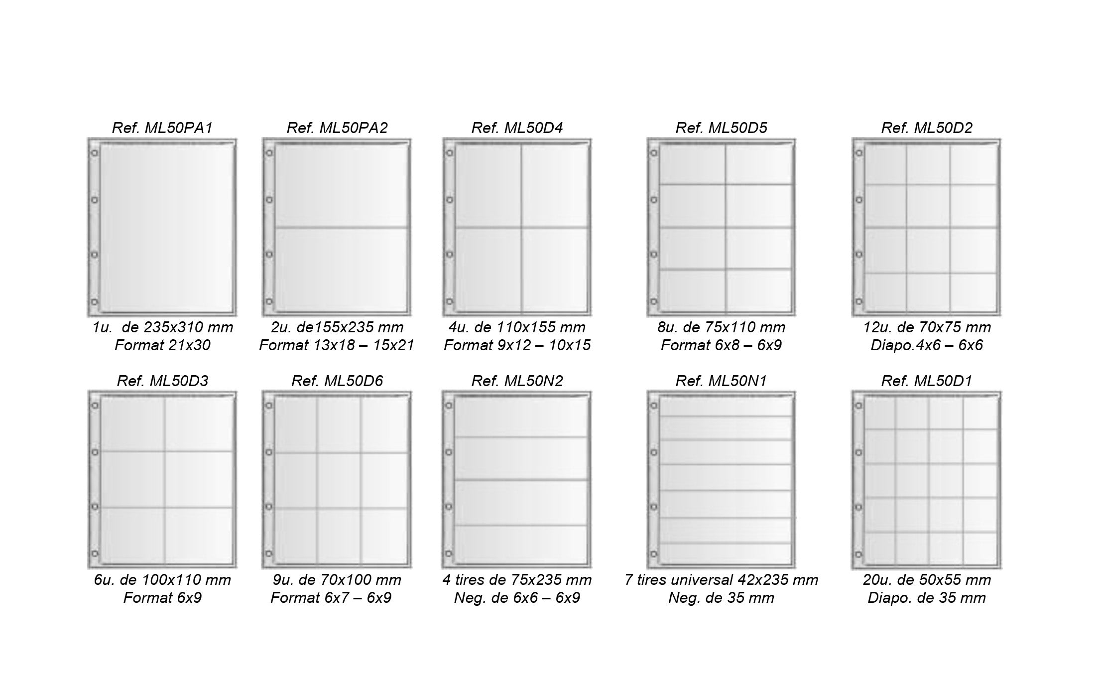 Fundes polièster de conservació per a negatius, diapositives i positius per a caixa arxivador d'anelles o carpeta d'anelles
